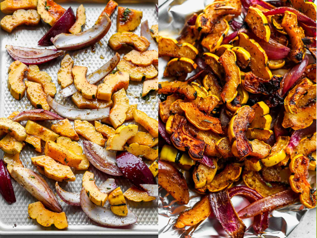 Veggies being roasted on a rimmed baking sheet