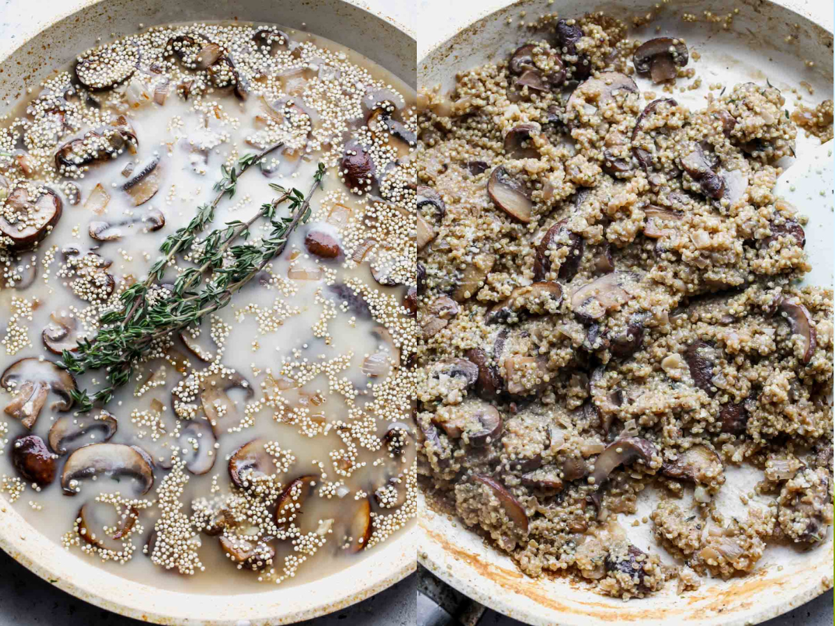 Mushroom and quinoa being cooked in a white skillet