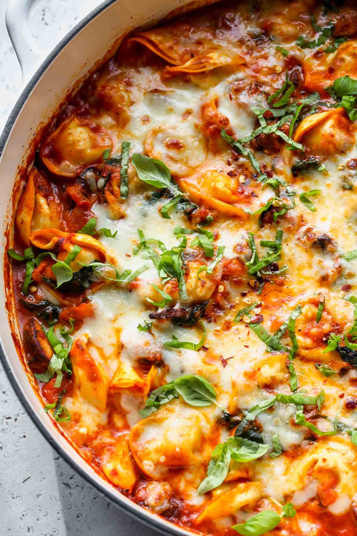Tortellini pasta bake covered in melted cheese and basil leaves