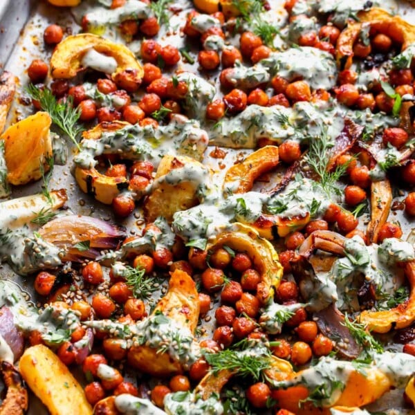 Sheet Pan Vegetable and Chickpea Bake with Tahini Sauce