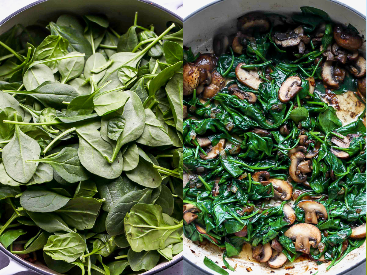 Fresh spinach being added to a pot and cooked until wilted