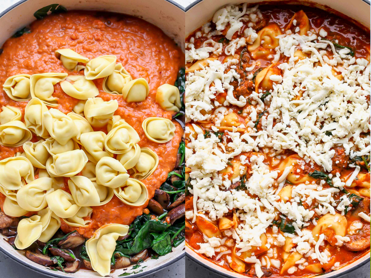 Cheese tortellini and cheese being added to skillet with sauce