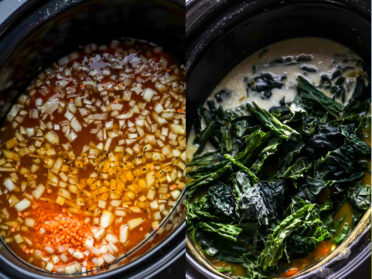 Soup ingredients being added to a crockpot