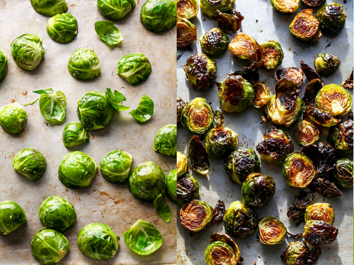 Halved Brussels sprouts being roasted on a sheet pan until crispy