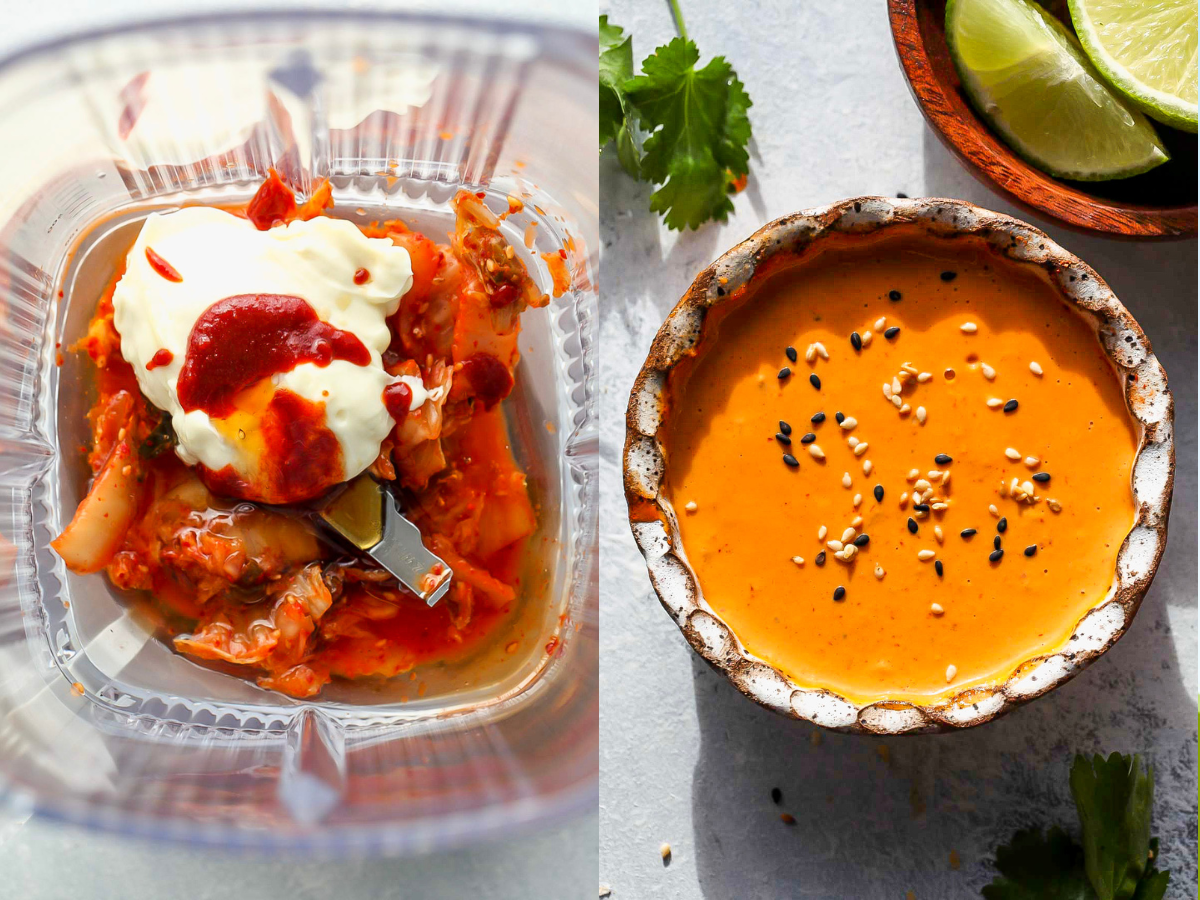 Kimchi sauce ingredients being added to a blender and blended until smooth