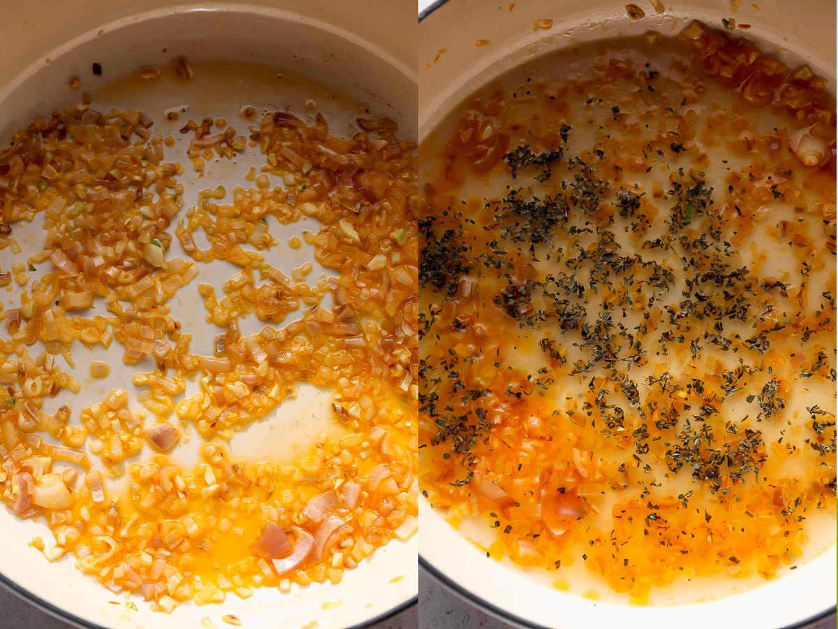 Shallots, garlic, and spices being sautéed in a tan pan