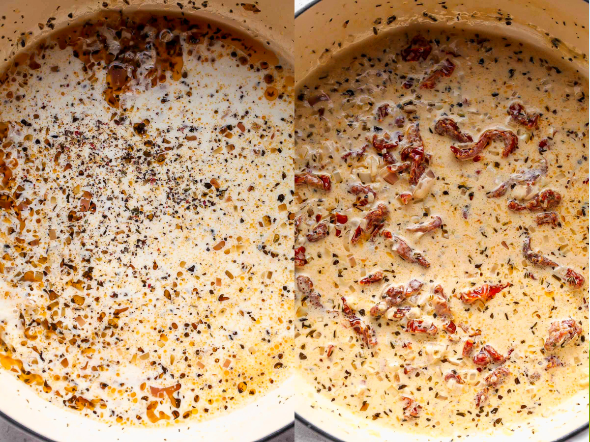 Half-and-half and sun-dried tomatoes being added to pan, and sauce being simmered