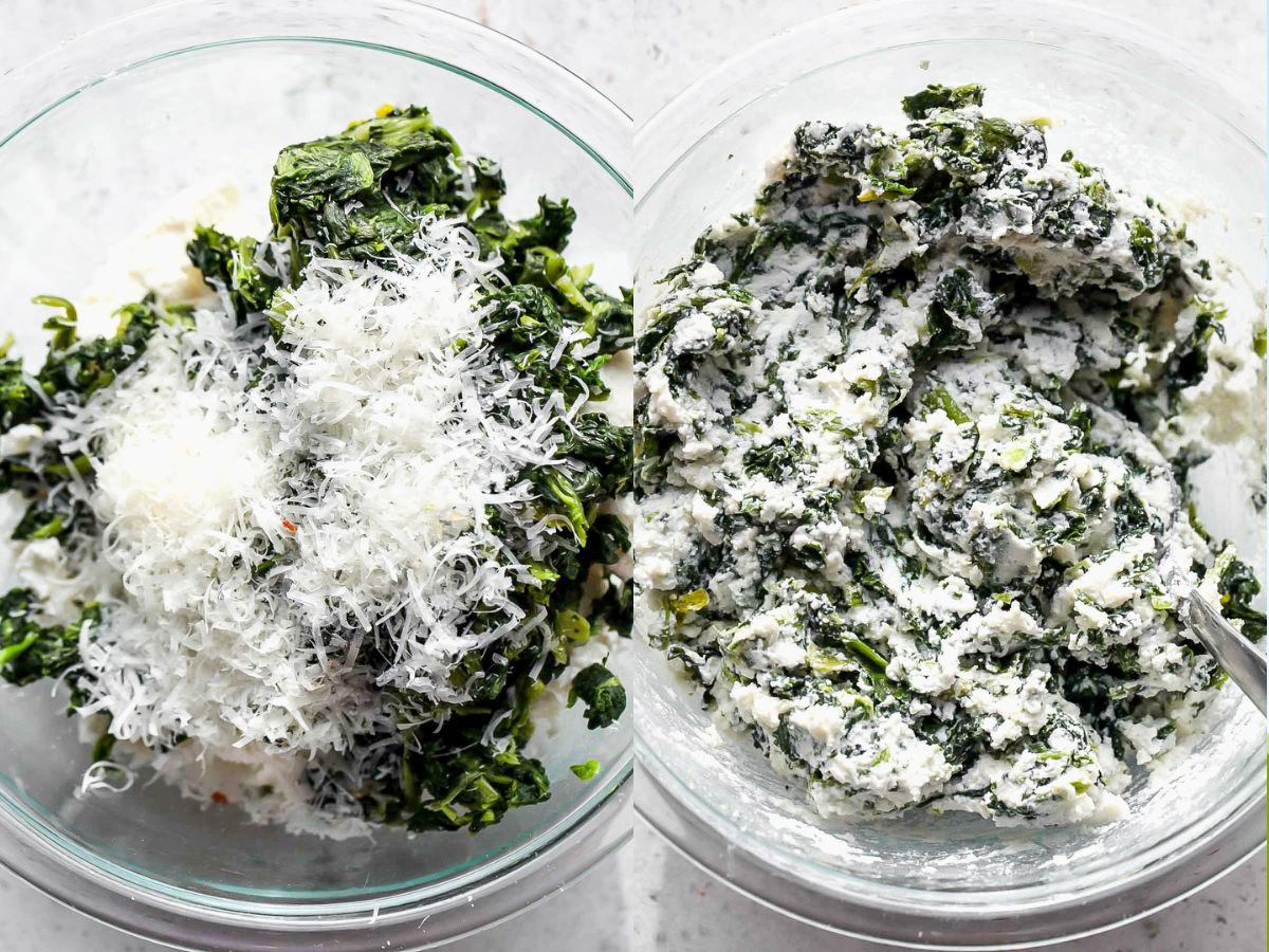 Ricotta cheese being mixed with spinach and Parmesan in a large clear mixing bowl