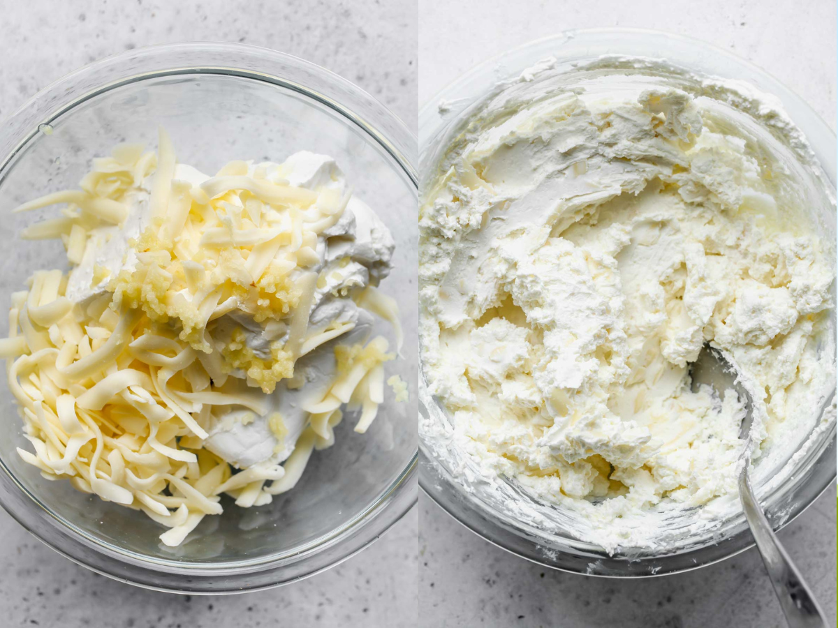 Goat cheese, cream cheese, mozzarella, yogurt, and garlic being mixed in a clear bowl.
