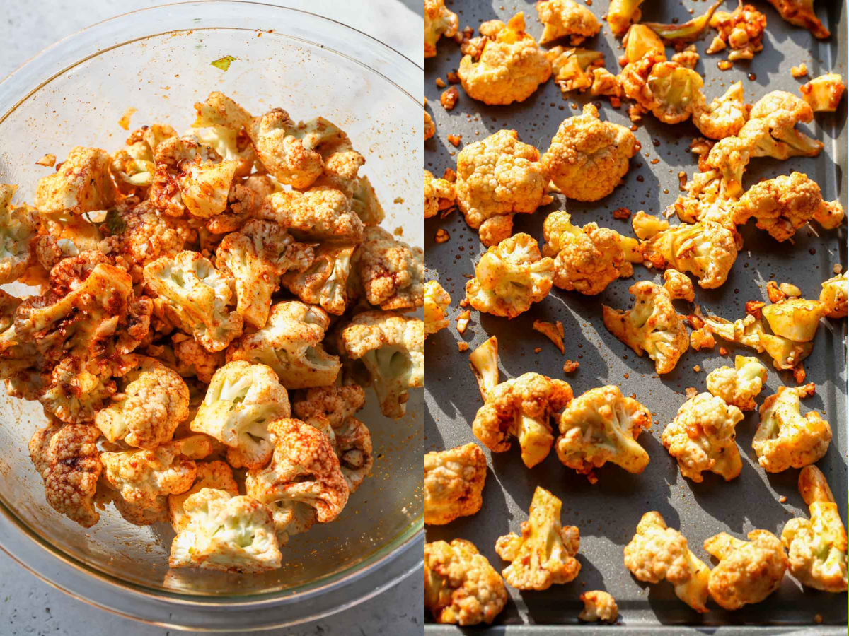 Cauliflower florets being seasoned in a bowl and arranged on a rimmed baking sheet.