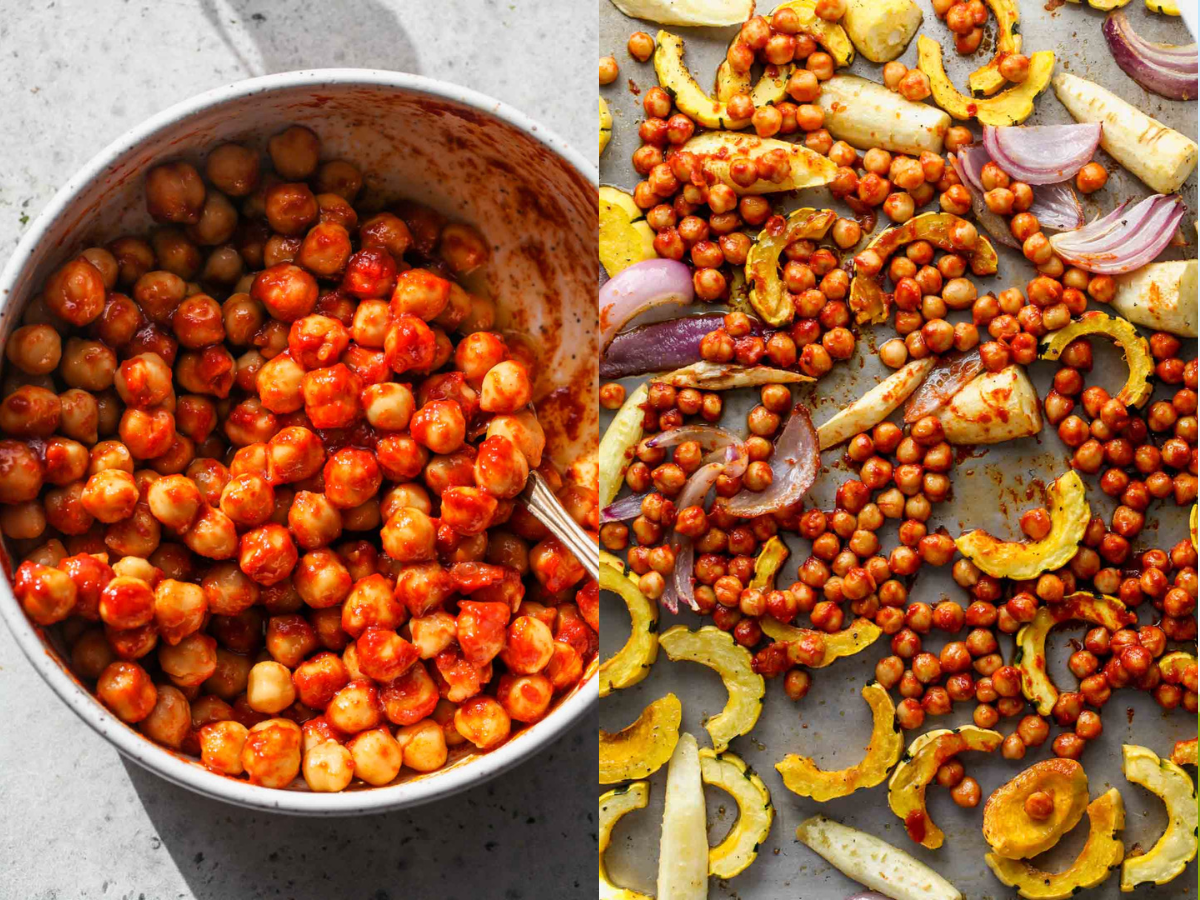 Chickpeas being marinated and added to a baking sheet of roasted veggies