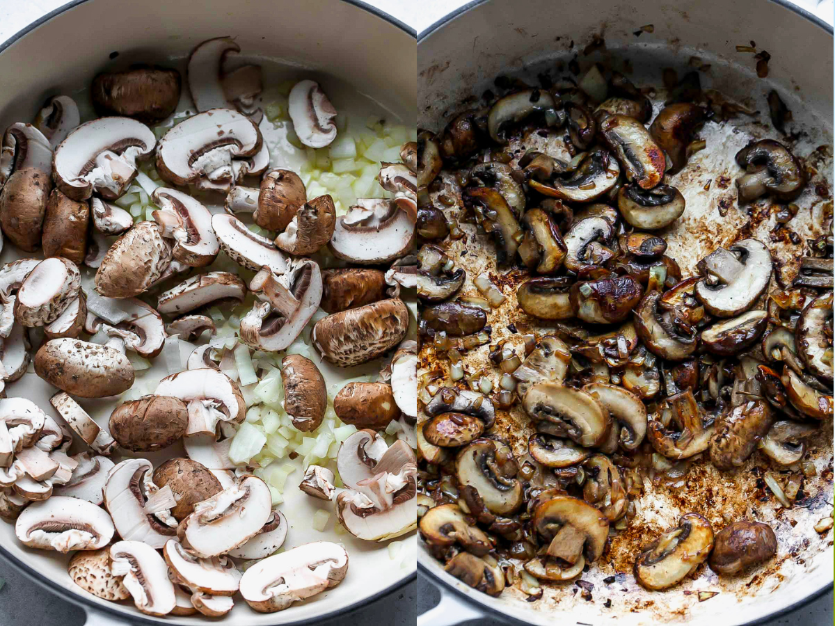 Mushrooms and onion sauteing in a skillet until softened