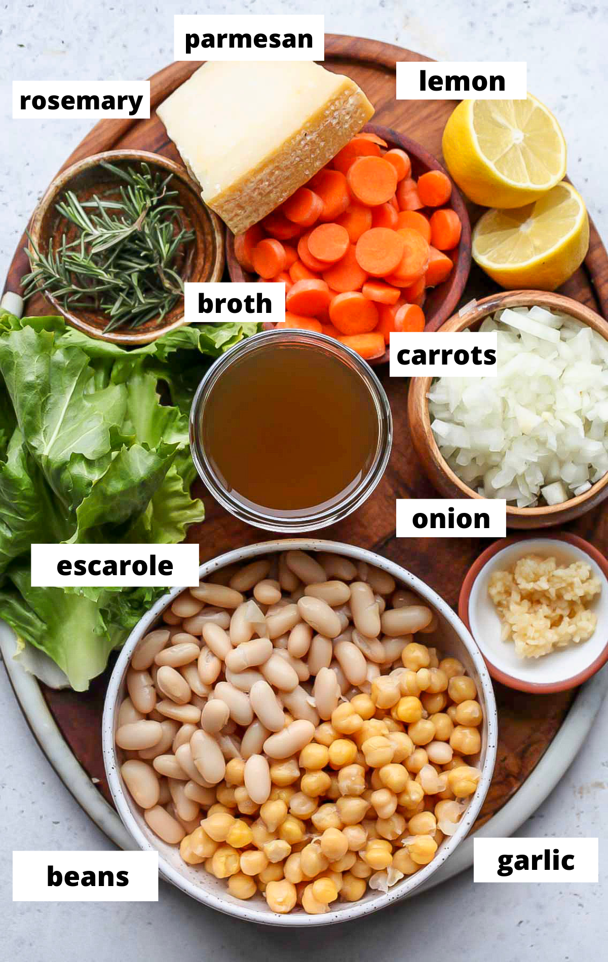 Recipe ingredients with labels arranged on a wooden serving platter