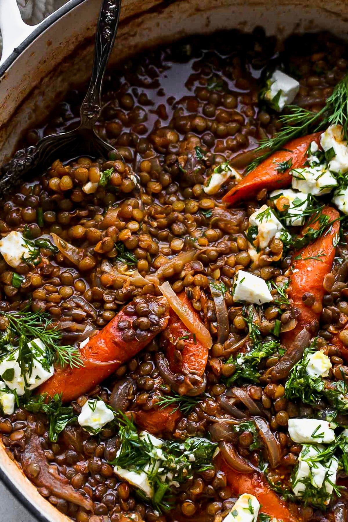 Stewed lentils, carrots, and onion being stirred in a pot