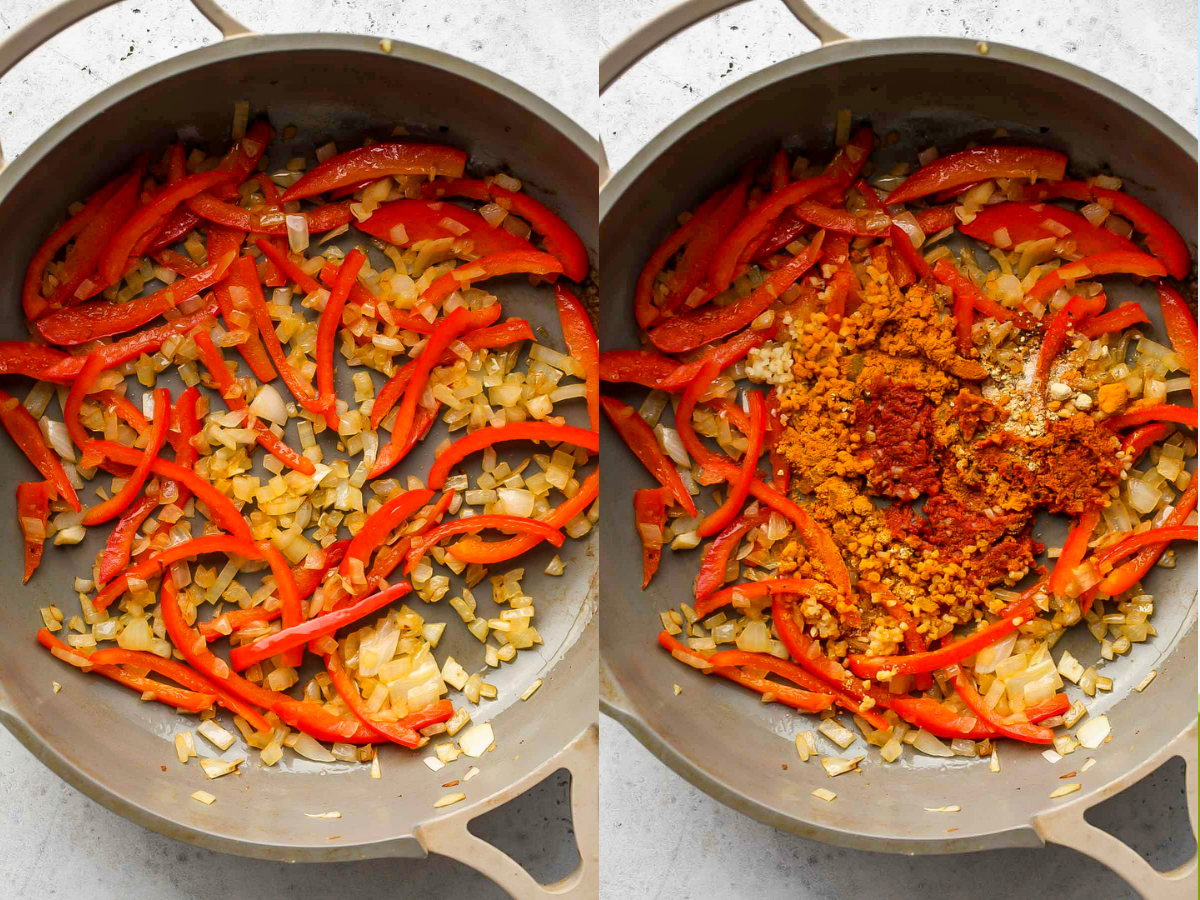 Onion and bell pepper being sautéed in a skillet, followed by spices being stirred in