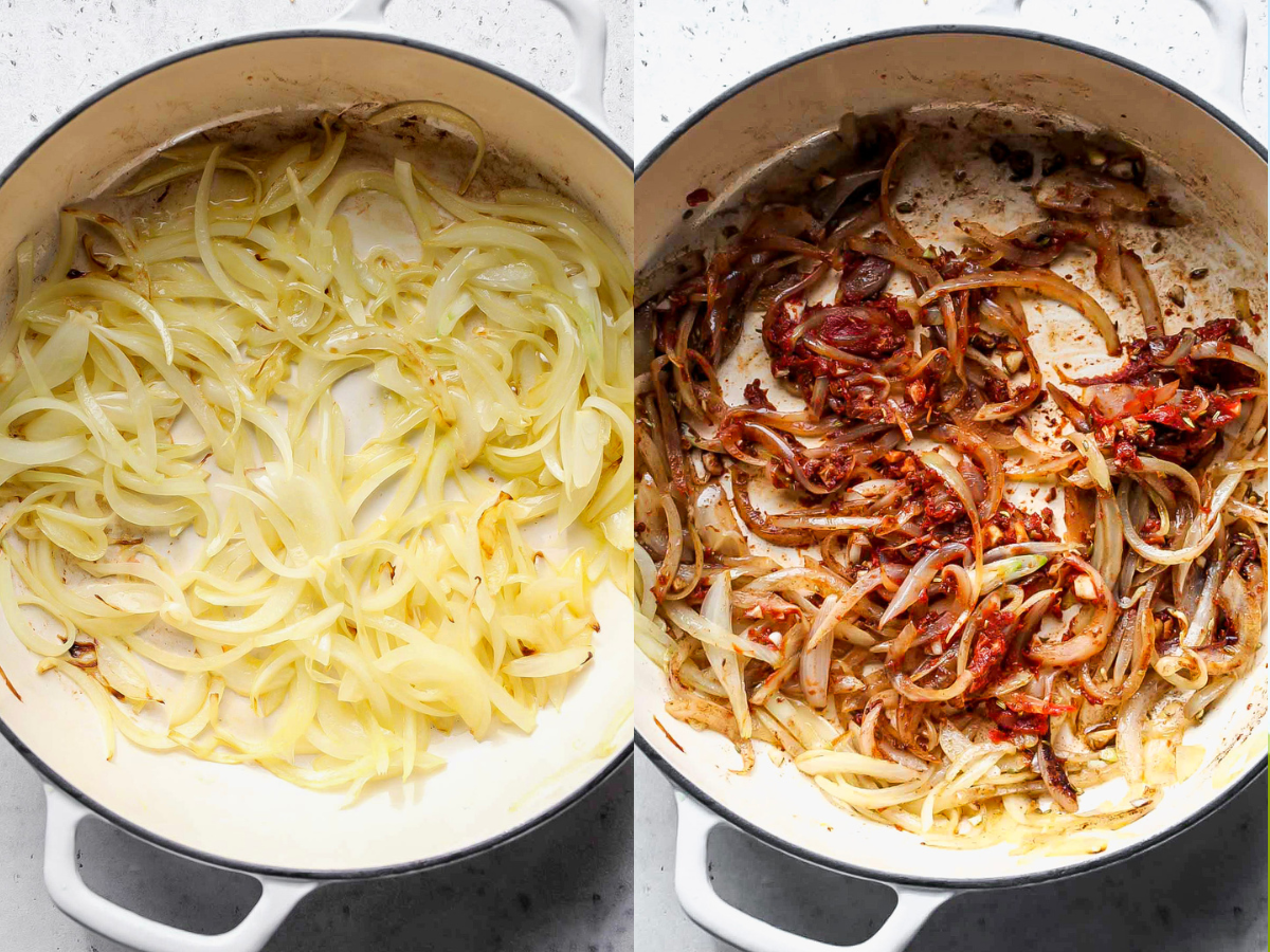 Sliced onion, tomato paste, garlic, and spices being sautéed in a white skillet