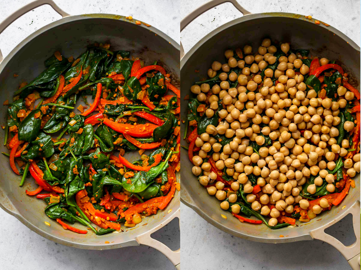 Spinach and chickpeas being mixed into skillet with aromatics