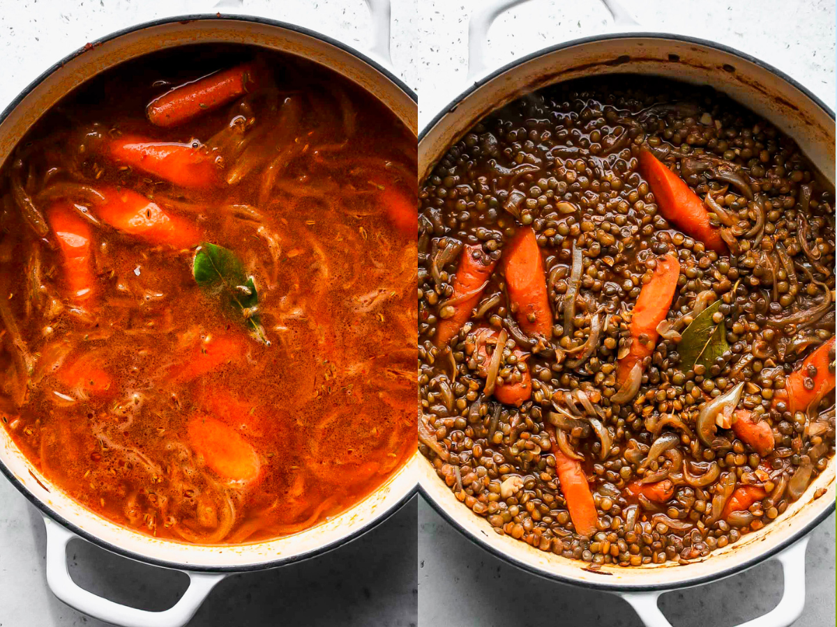 Water, lentils, and bay leaf being added to pot to simmer