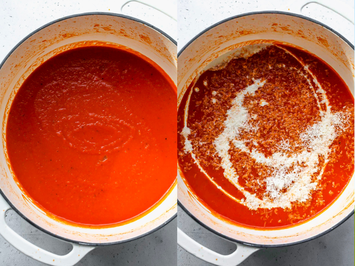 Crushed tomatoes, red peppers, cream, and Parmesan being added to a pot
