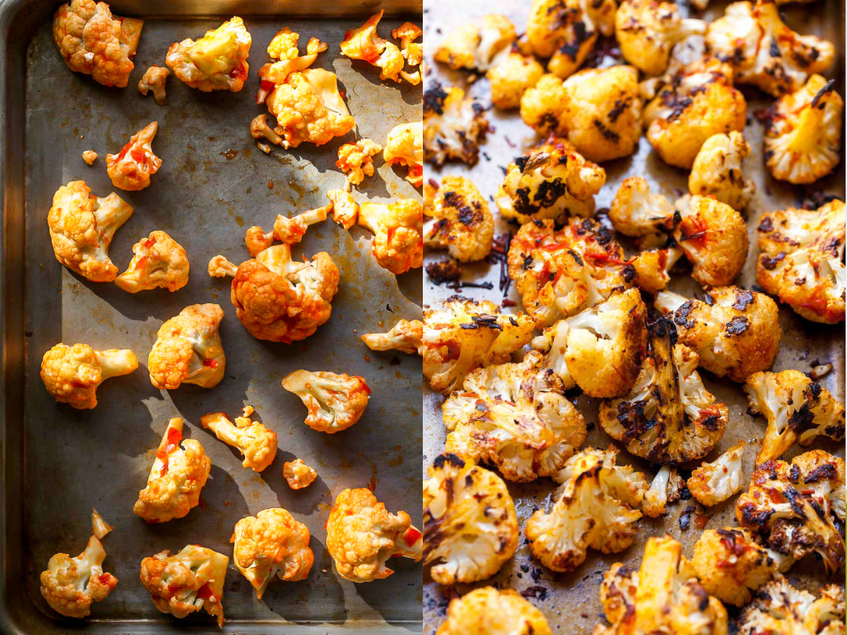 Cauliflower florets being tossed in harissa and roasted on a sheet pan