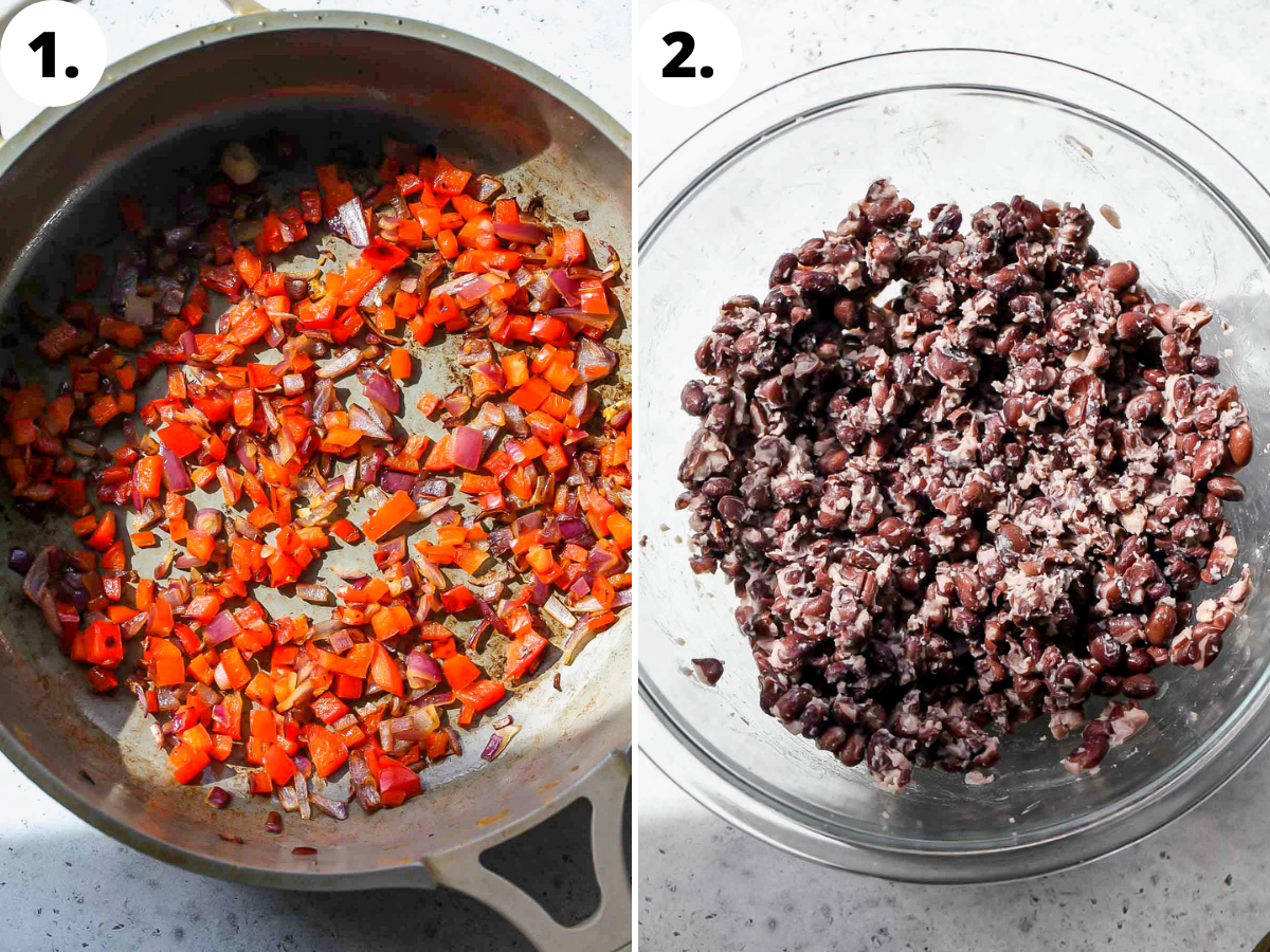 Veggies being sauteed in a skillet, and black beans being mashed in a bowl.