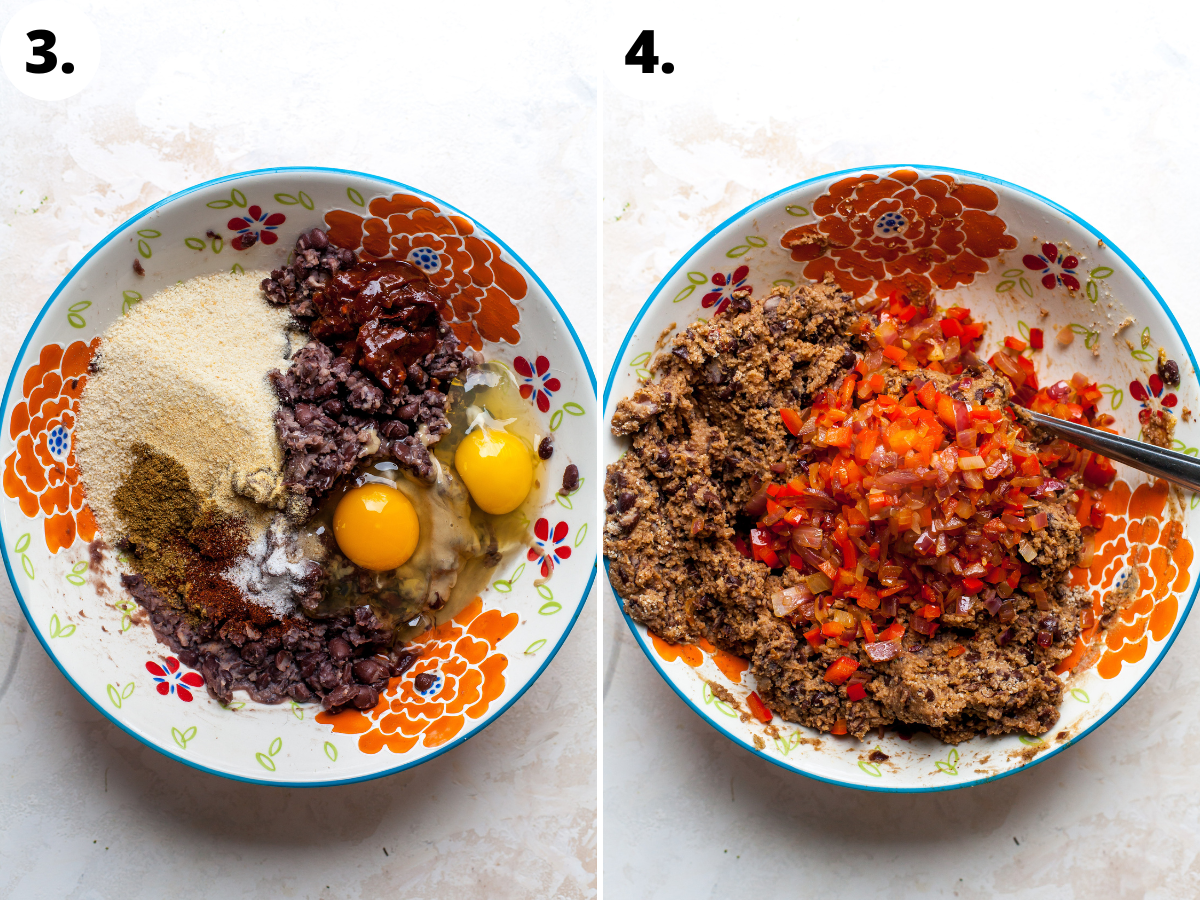Burger patty ingredients being mixed together in an orange and blue floral bowl.