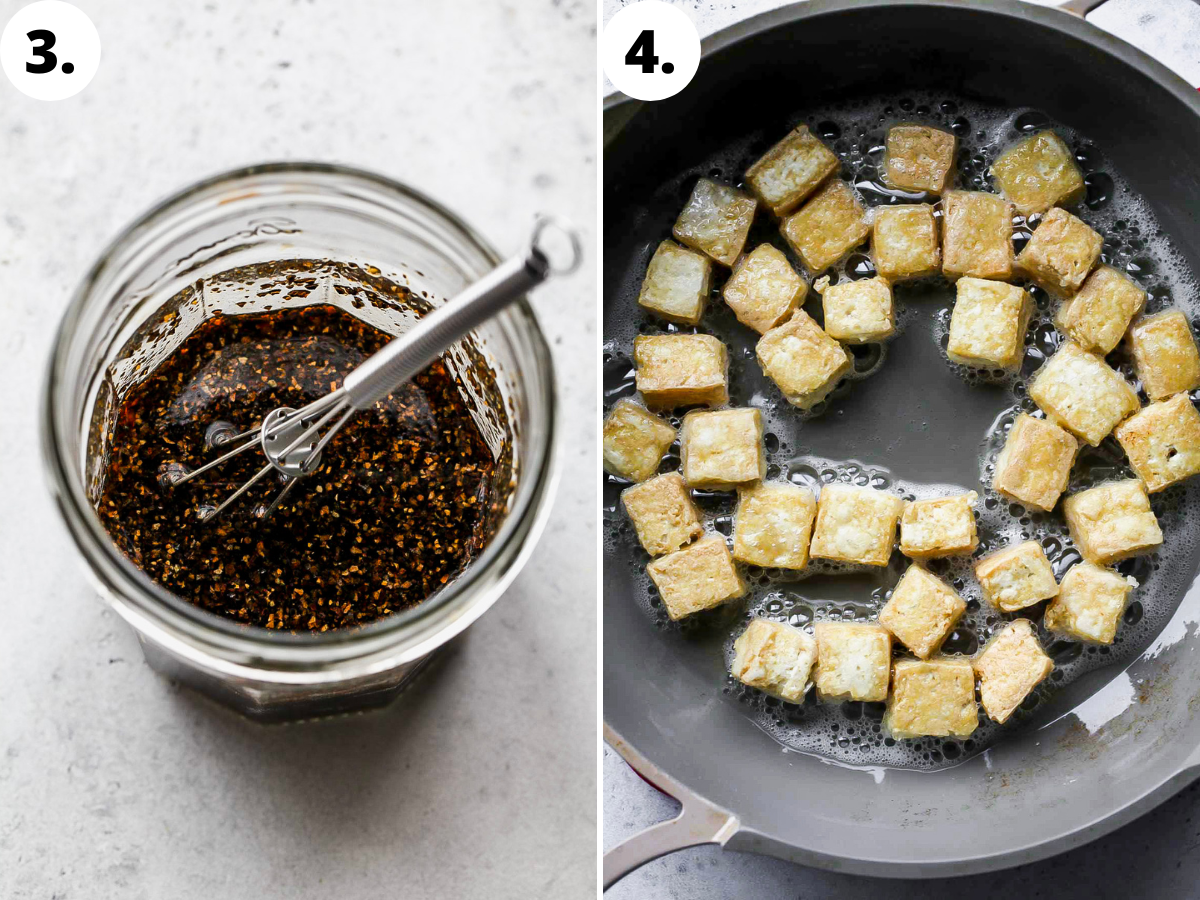 Black pepper sauce being whisked in a jar, and tofu being sauteed in a skillet.