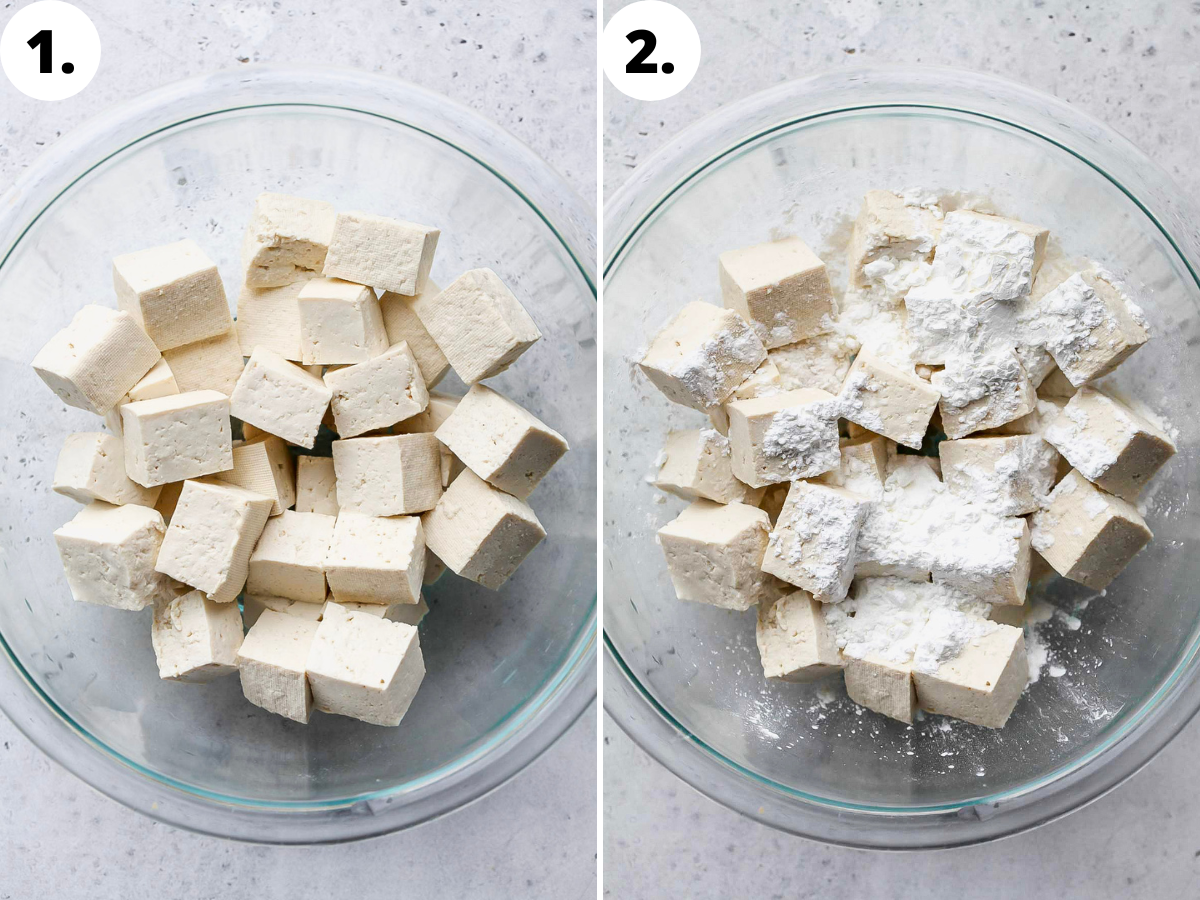 Cubes of tofu being tossed in corn starch.