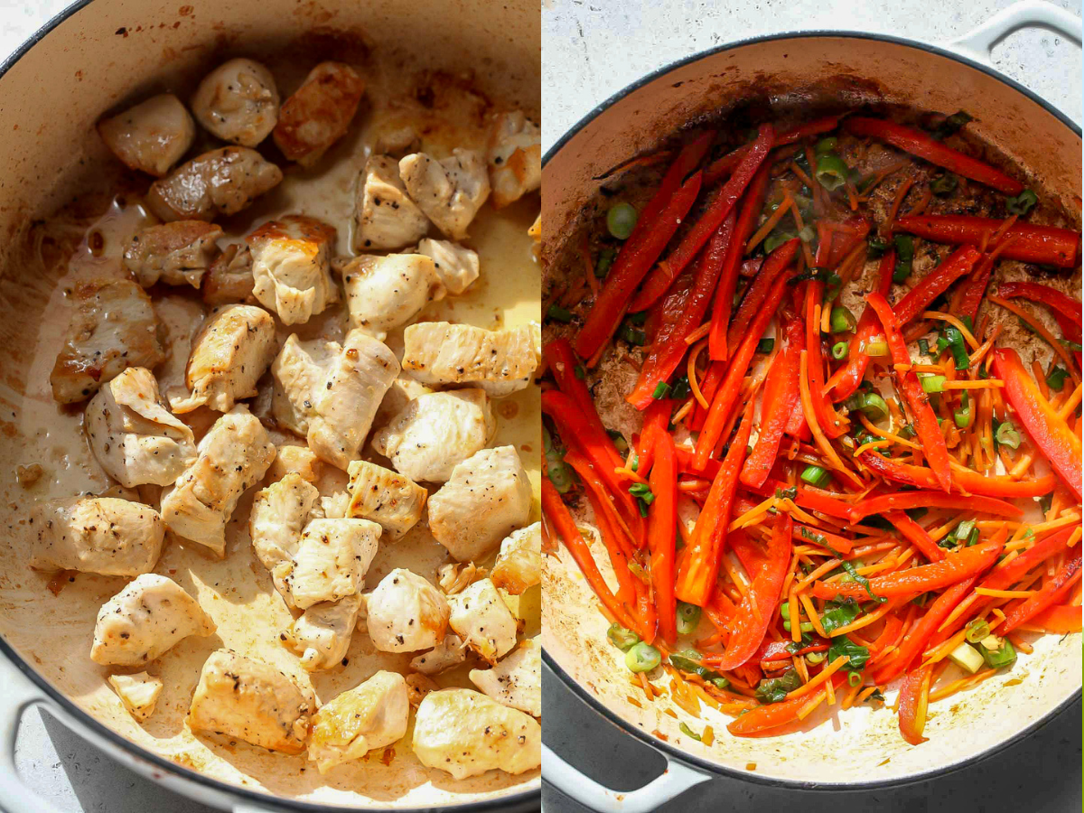 Cubes of chicken and sliced veggies sautéing in a white saute pan