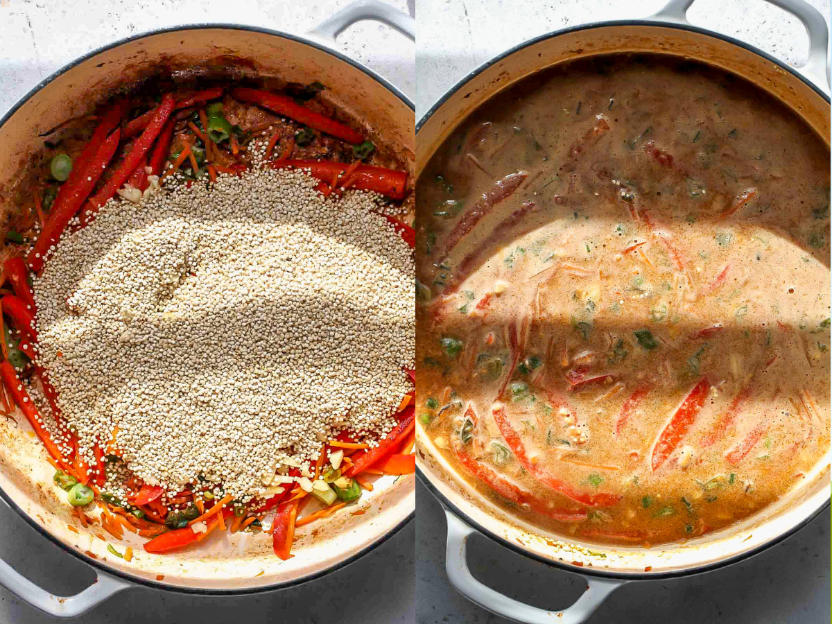 Quinoa and peanut sauce being poured into pan filled with veggies