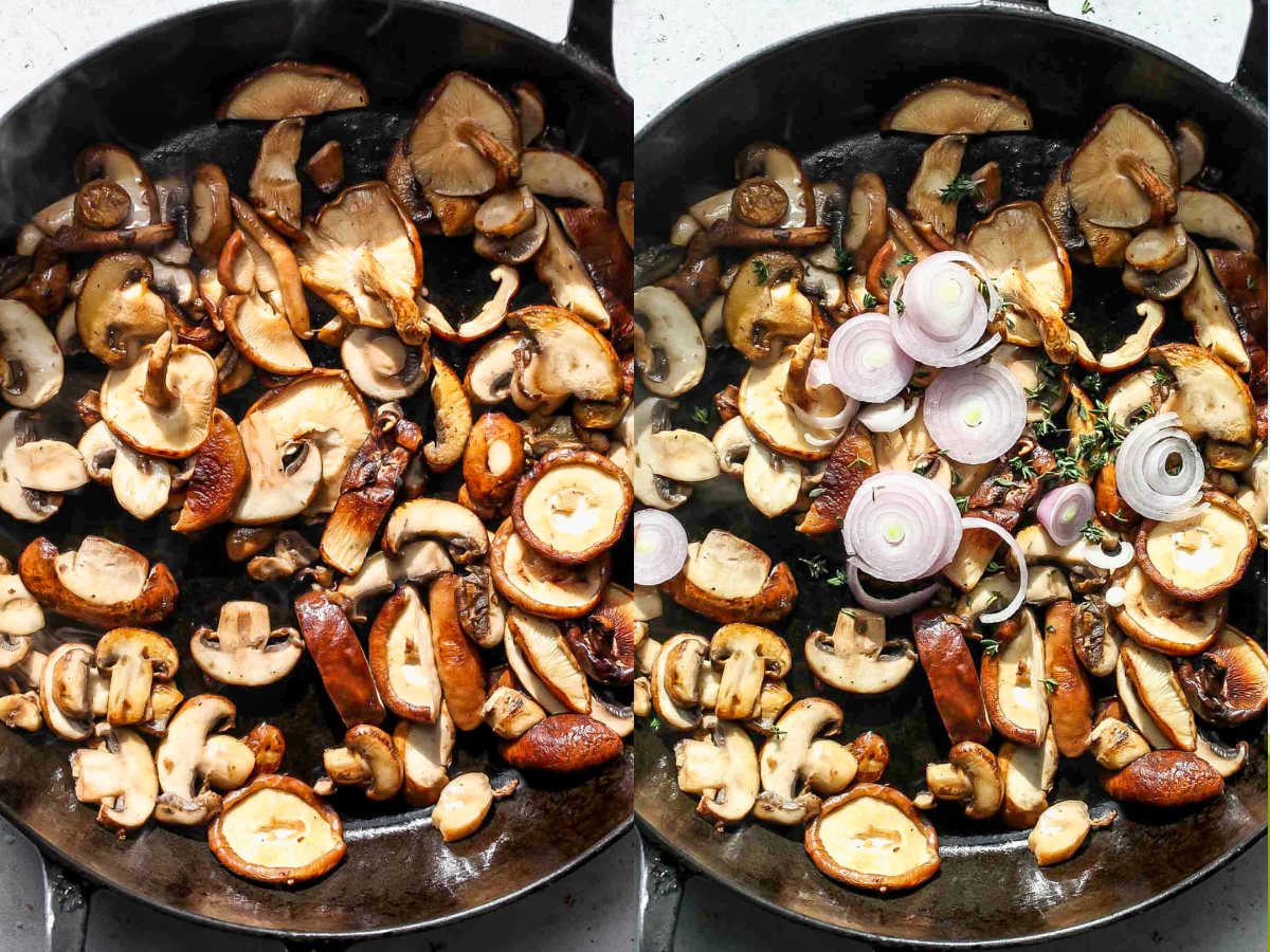 Shallots and mushrooms being sautéed in a cast iron skillet.
