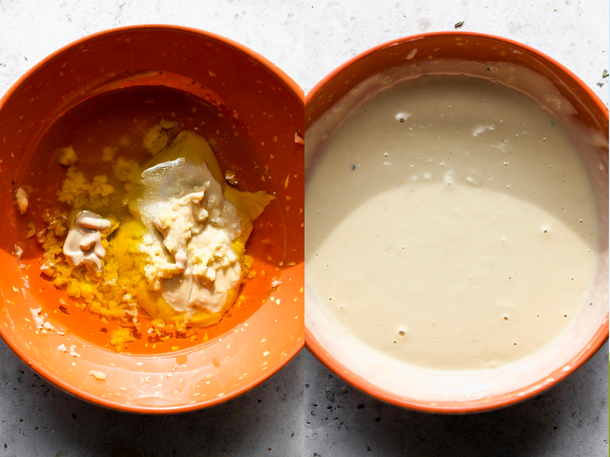 Creamy garlic dressing being whisked in an orange bowl.
