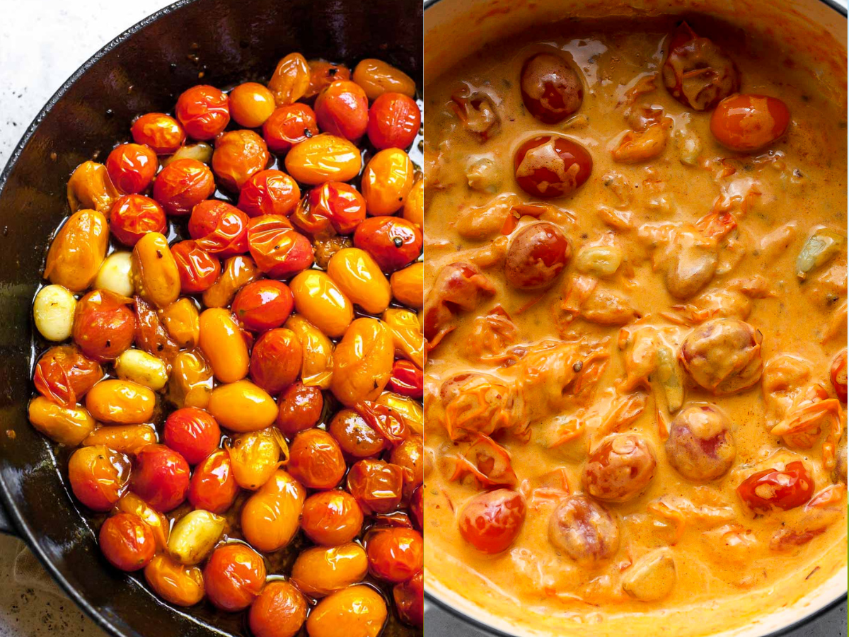 Tomatoes and garlic being simmered in a white pan, and heavy cream being stirred in.