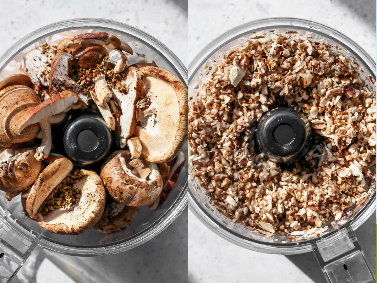 Mushrooms and spices being pulsed in a food processor until finely chopped.