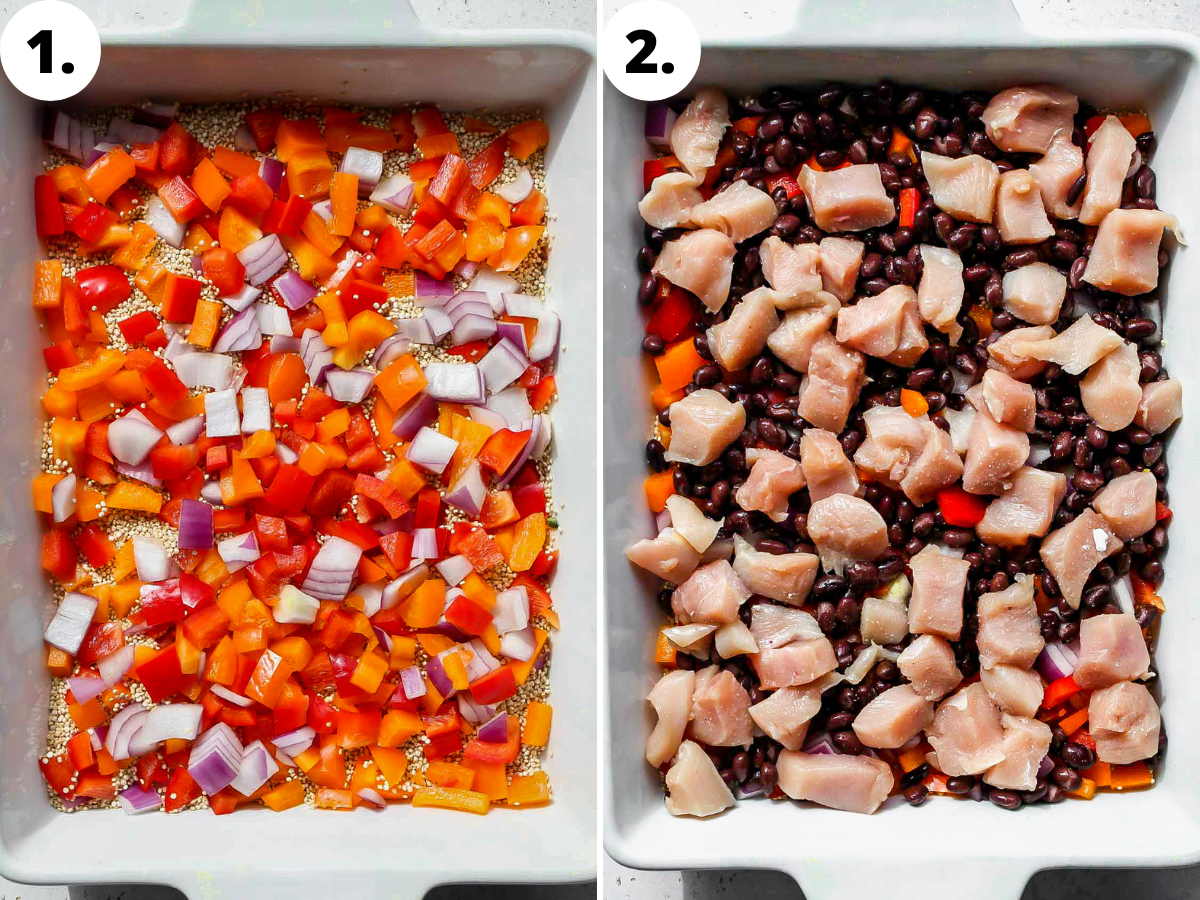 Peppers, onions, black beans, and chicken being added to a baking dish.