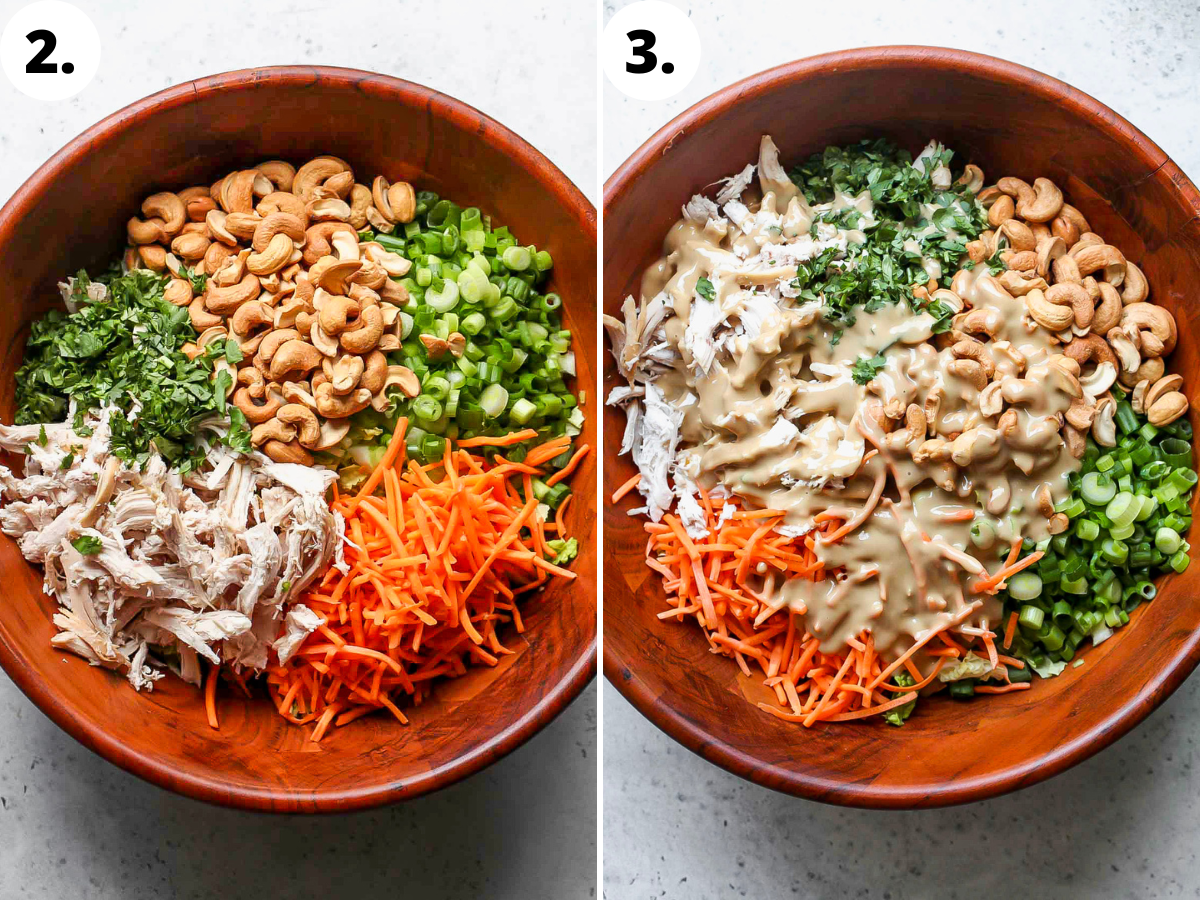 Salad ingredients being added to a large bowl, and dressing poured overtop.