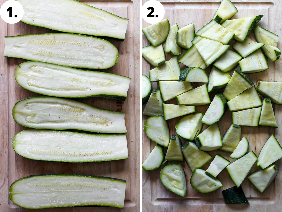 Zucchini being patted dry and cut into large chunks.