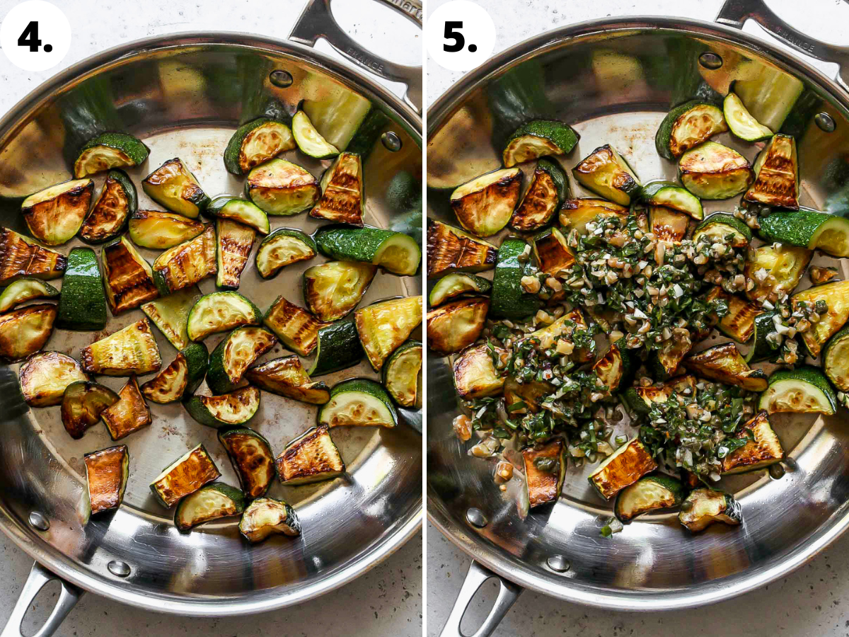 Chunks of zucchini being sautéed in a pan, and garlic-herb mixture being mixed in.