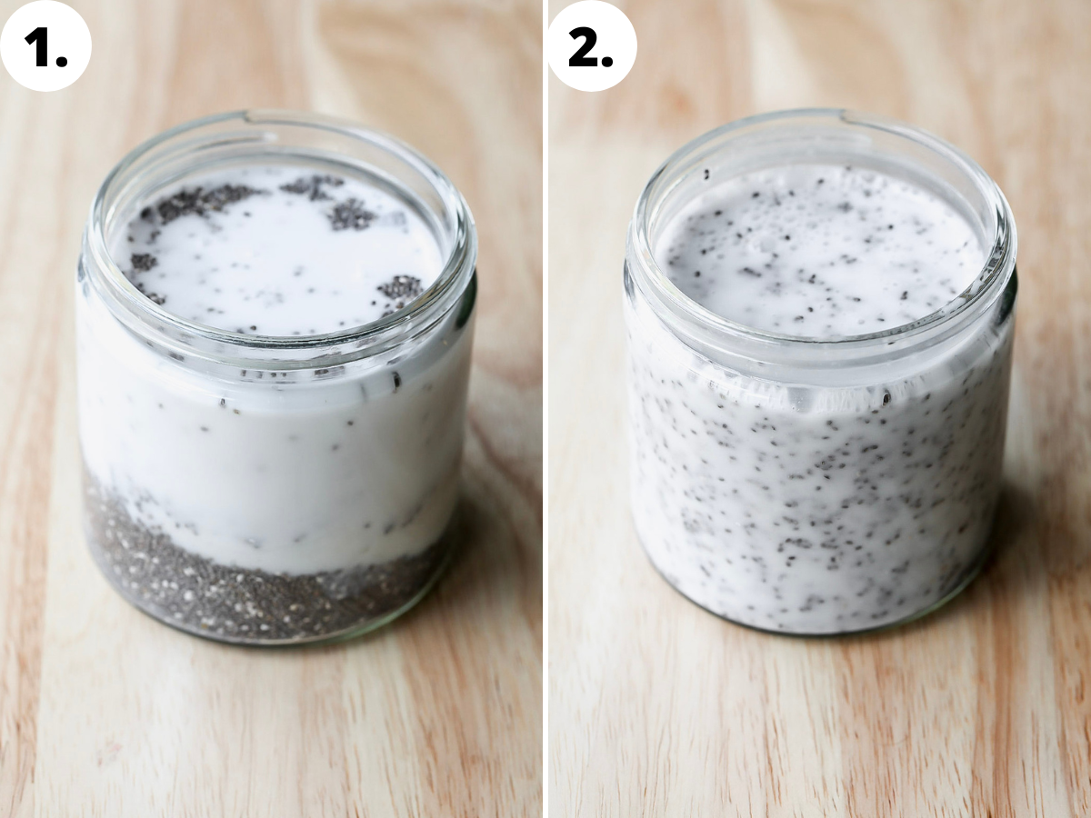 Chia seeds, yogurt, and milk being mixed in a glass jar.