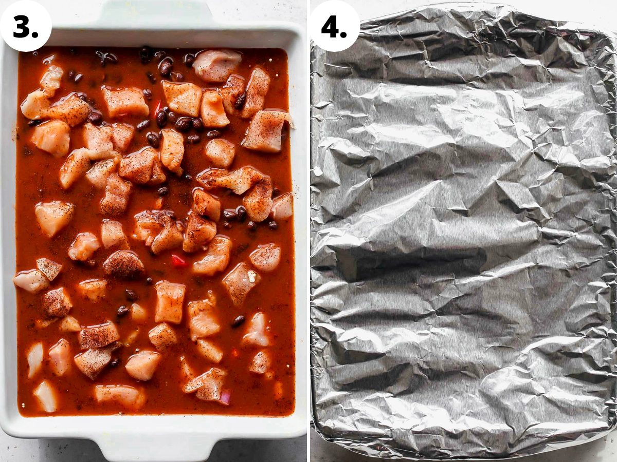 Sauce being added to quinoa mixture, and pan being covered with foil before baking.