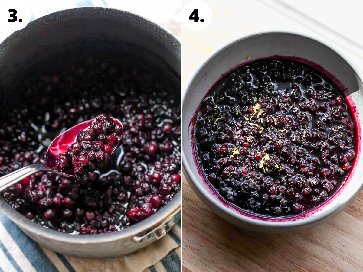 Blueberry compote being stewed in a saucepan and transferred to a bowl.