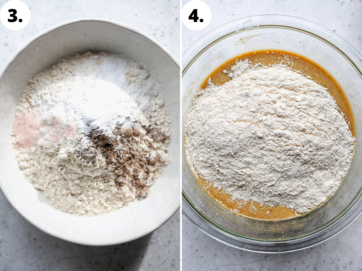 Dry ingredients being whisked until combined, and poured over wet ingredients.