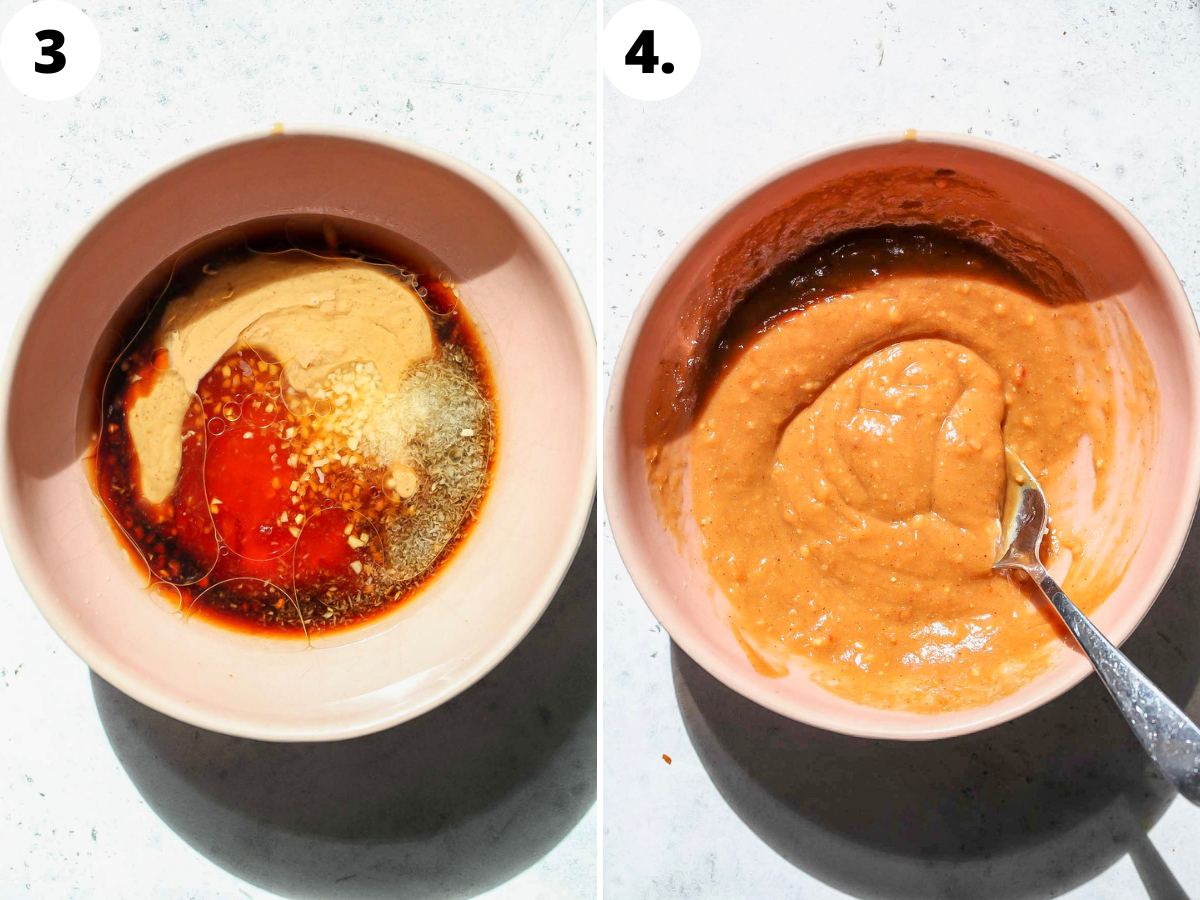 Firecracker peanut sauce being mixed in a pink bowl.