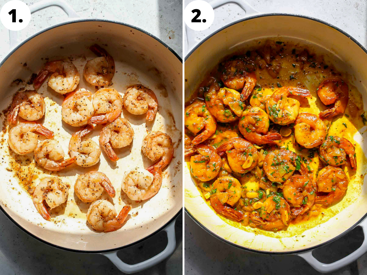 Shrimp being sautéed in a skillet and then tossed in turmeric-lime sauce.