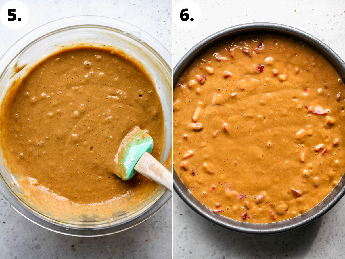 Cake batter being emptied into a round cake pan.