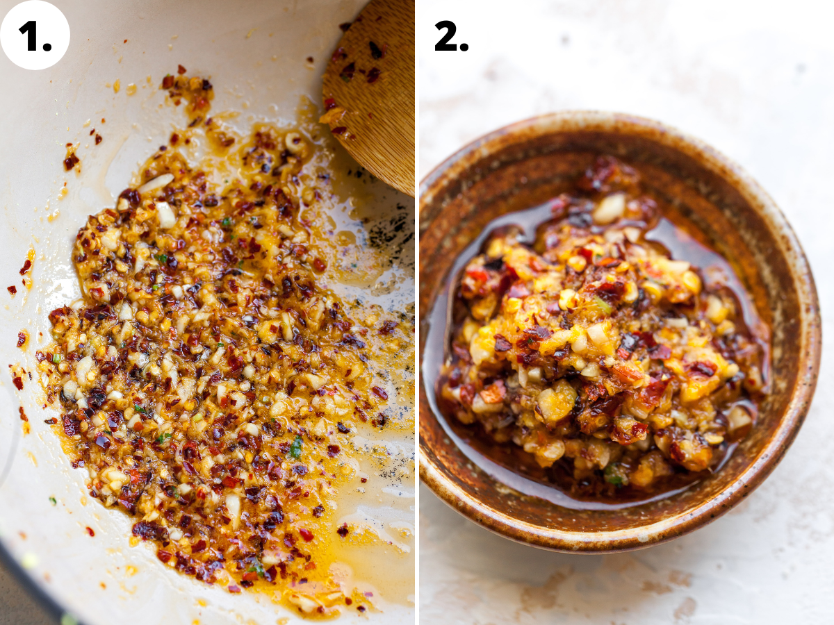 Chili-garlic oil being simmered and transferred to a bowl.