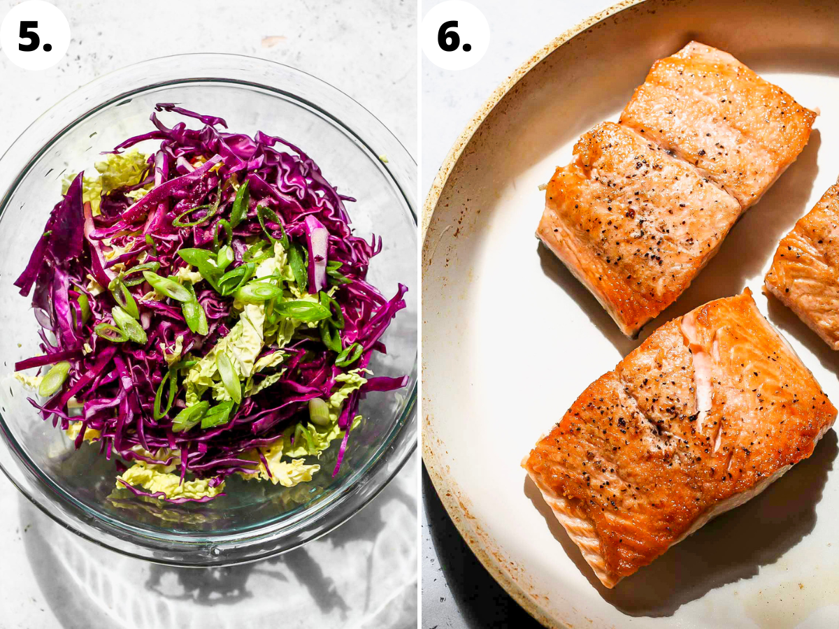 Cabbage slaw in a bowl, and salmon being seared in a white skillet.