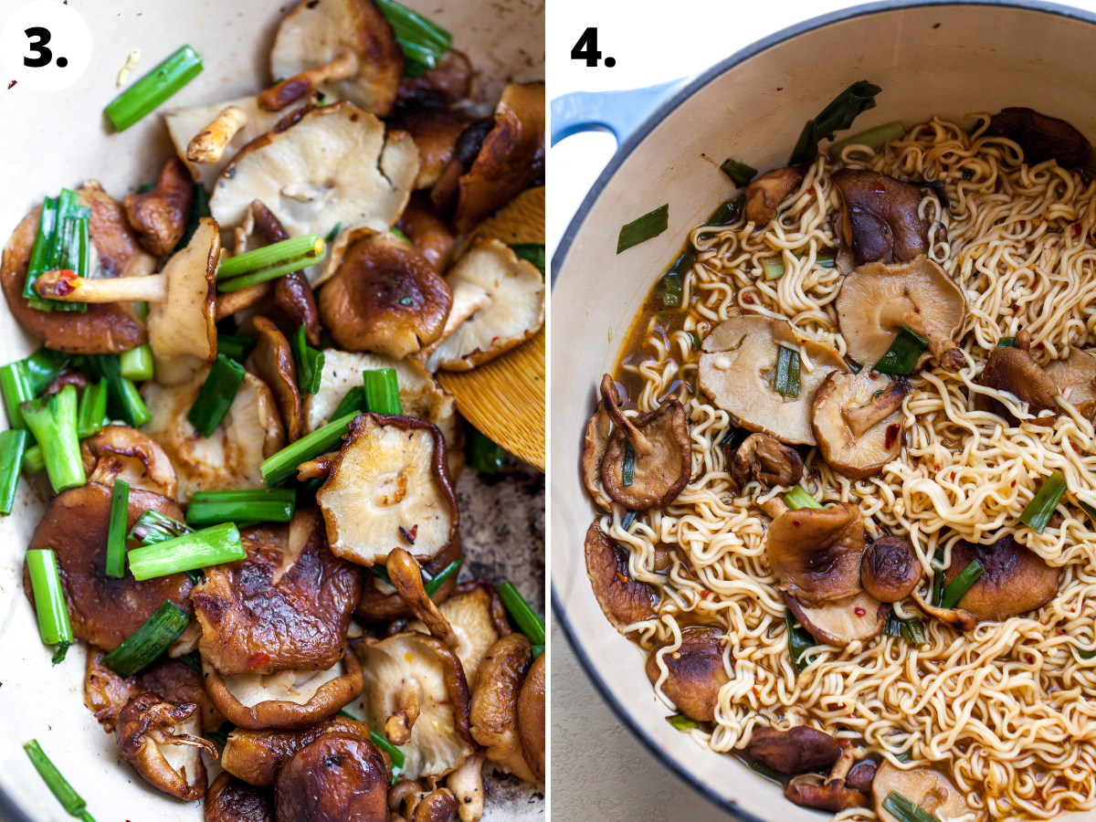 Mushrooms and green onion being sauteed, and noodles being simmered in broth.