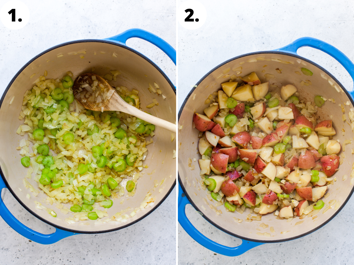 Aromatics and potatoes being sautéed in a blue Dutch oven.