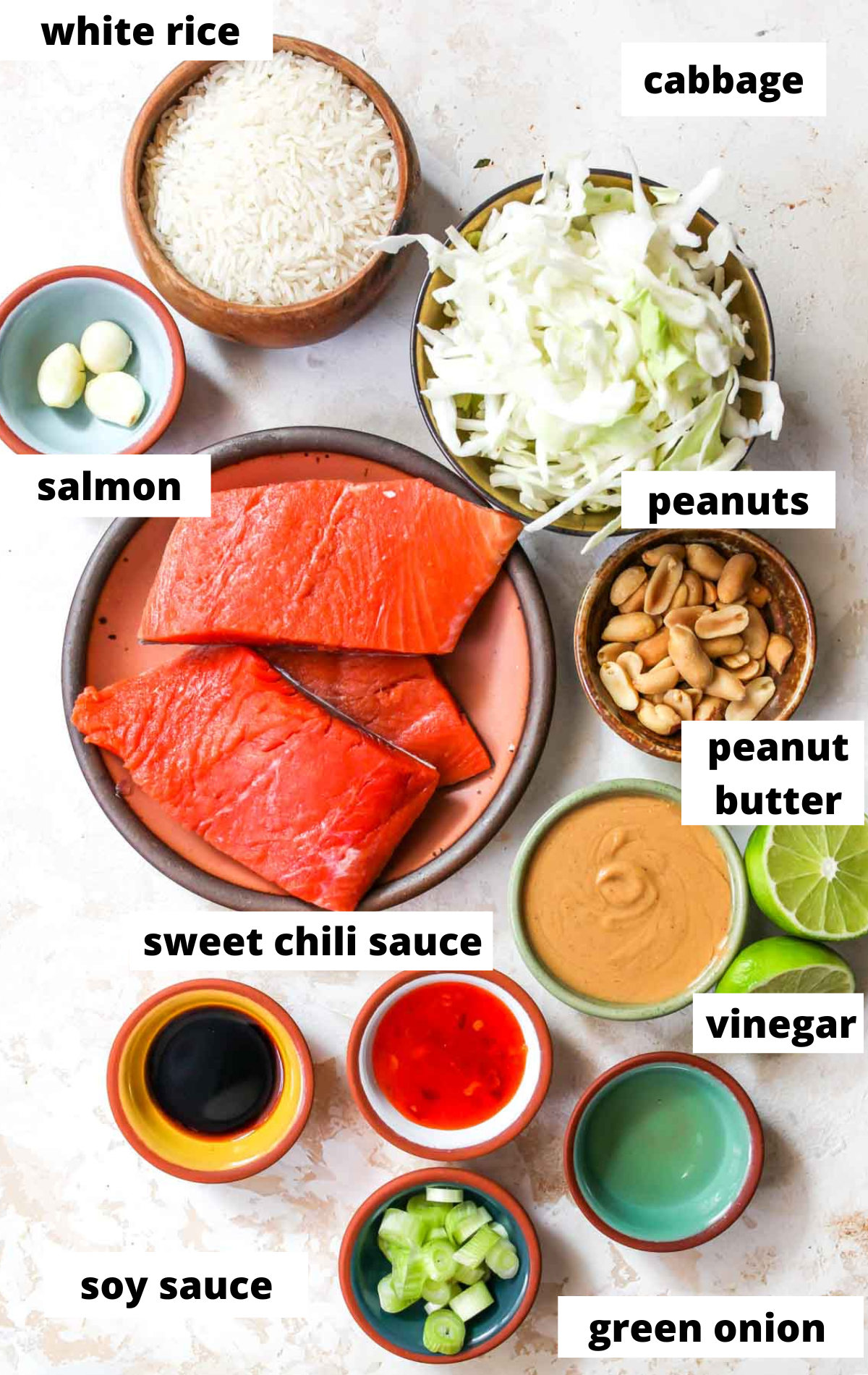 Recipe ingredients in separate bowls with labels.